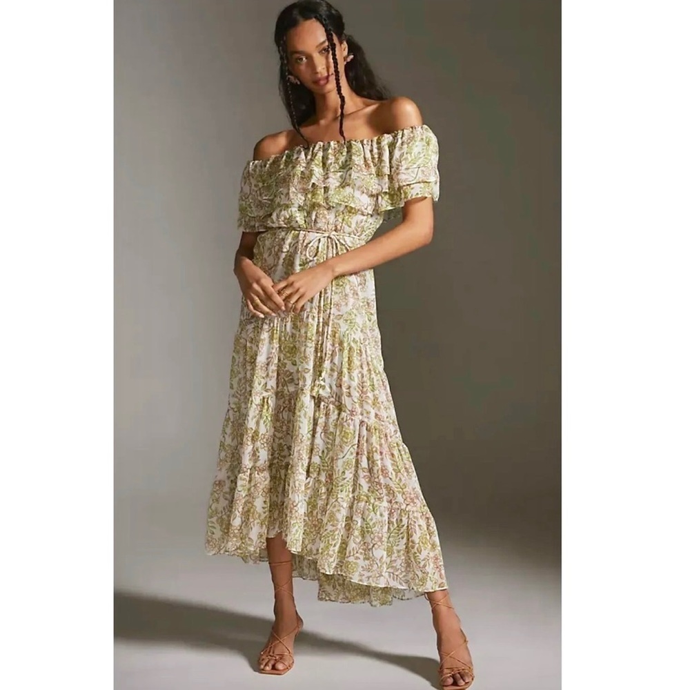 MISA Los Angeles Olympia Green Goddess Floral Print Off the Shoulder Maxi Dress